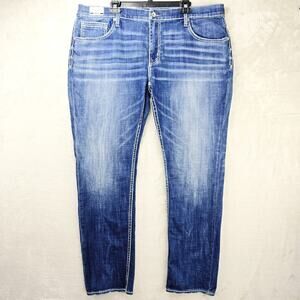 BKE Buckle Mason Tapered Leg Jeans Mens 42x31 Blue Stretch Denim Whiskers 42R